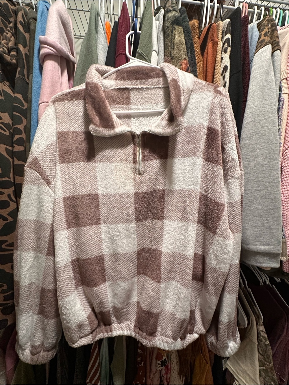 Amazon Women's Plaid Half-Zip Pullover Sweater - Pink & White